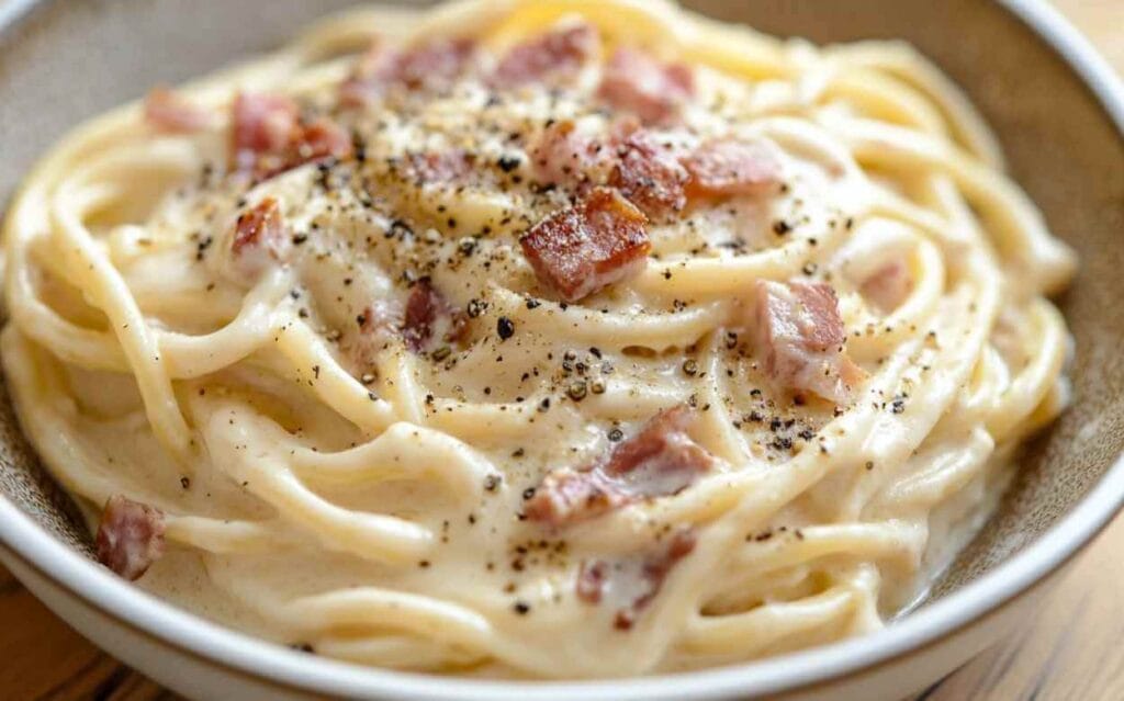 Bol de spaghetti nappés de sauce carbonara maison crémeuse avec morceaux de pancetta et poivre noir fraîchement moulu