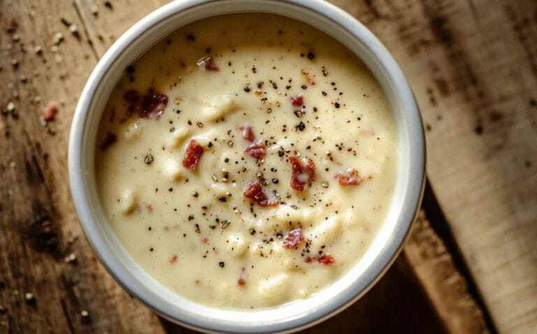 Bol de sauce carbonara maison crémeuse avec lardons et poivre noir sur une table en bois rustique