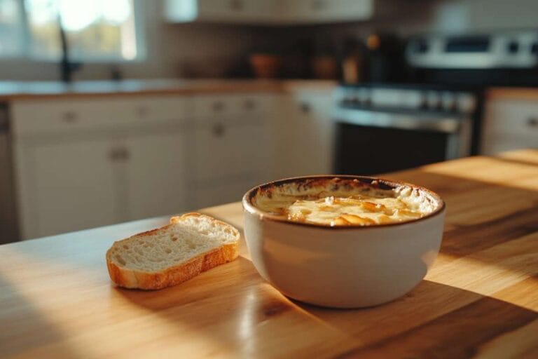 Un bol de soupe à l'oignon gratinée avec une croûte de fromage doré, accompagné de tranches de pain frais, sur une table en bois, dans une cuisine lumineuse.
