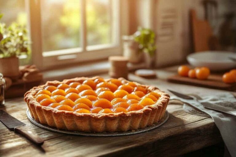 Tarte aux mirabelles dorée, garnie de fruits juteux, cuite à la perfection dans une cuisine ensoleillée avec lumière douce provenant de la fenêtre.