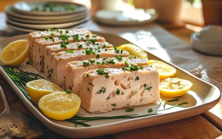 Terrine de poisson tranchée, garnie de rondelles de citron et de ciboulette, présentée dans une assiette avec un fond lumineux de cuisine ensoleillée.