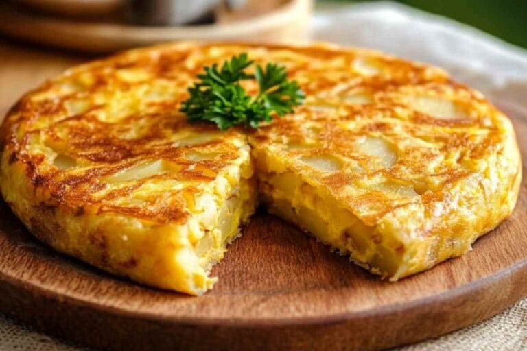 Tortilla espagnole traditionnelle avec des pommes de terre, coupée en tranches épaisses et garnie de persil frais sur un plateau en bois.