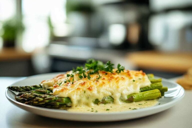 Asperges gratinées au four, nappées de sauce béchamel et de fromage fondu, garnies de persil frais.