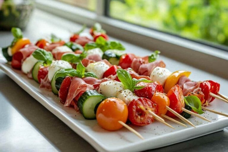 Brochettes apéro garnies de tomates cerises, mozzarella, jambon cru, concombre et basilic, disposées sur un plat blanc