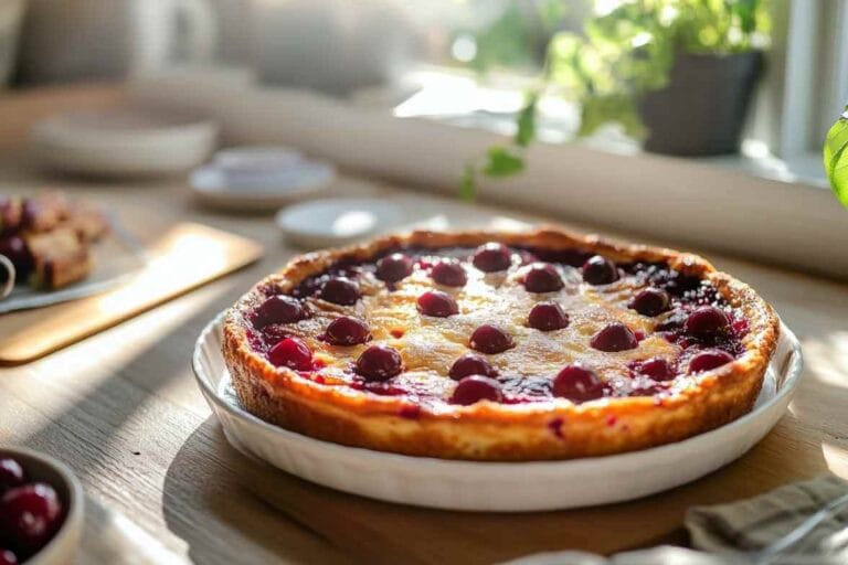 Clafoutis aux cerises sans sucre, fraîchement cuit, dans une assiette blanche sur une table en bois avec lumière naturelle, entouré de plantes en arrière-plan.