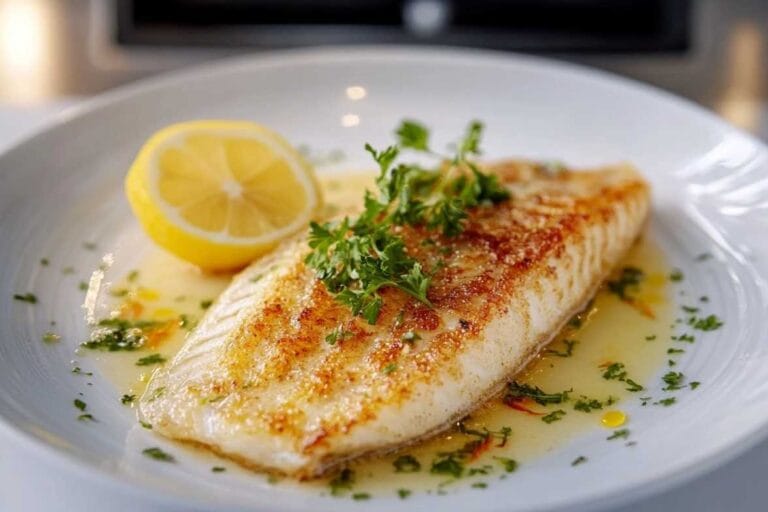 Filet de sole grillé avec du beurre fondu, du persil frais et une tranche de citron, servi sur une assiette blanche.