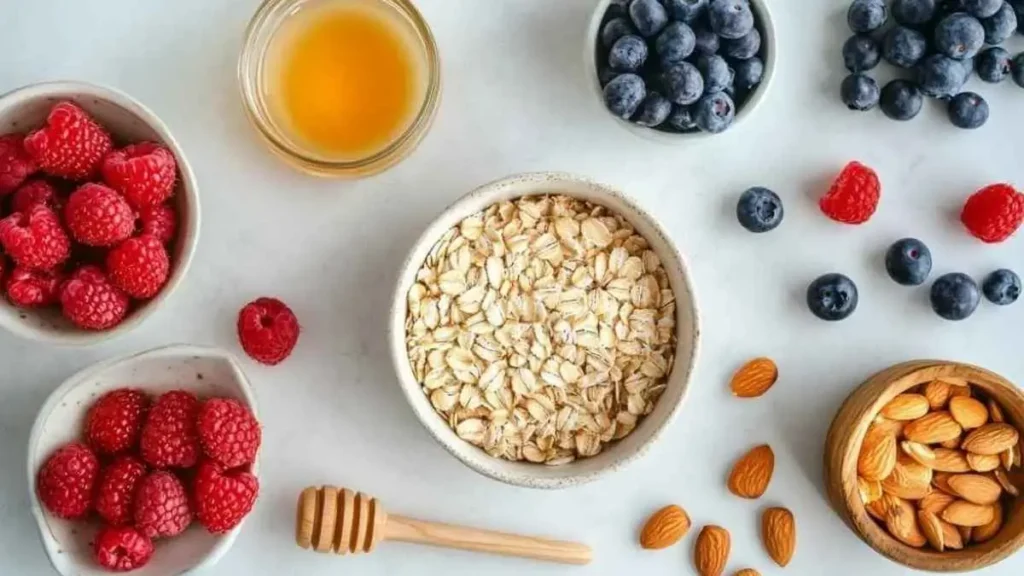 Ingrédients pour la recette de gruau : flocons d’avoine, fruits frais (framboises, myrtilles), amandes, et miel, disposés sur une surface de cuisine.