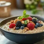 Bol de gruau crémeux garni de framboises, mûres, myrtilles et amandes, posé dans une cuisine lumineuse.