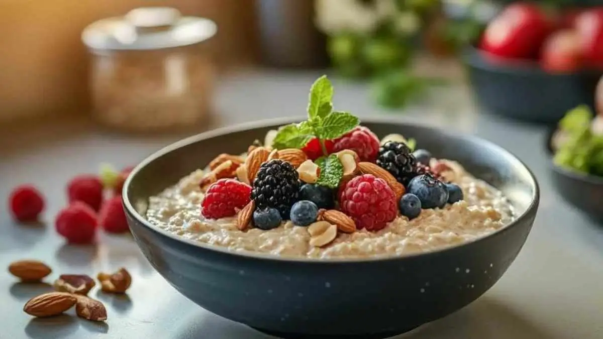 Bol de gruau crémeux garni de framboises, mûres, myrtilles et amandes, posé dans une cuisine lumineuse.