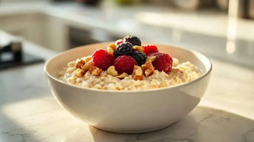 Bol de gruau crémeux garni de framboises, de mûres et de noix, posé sur un plan de travail en marbre dans une cuisine ensoleillée.