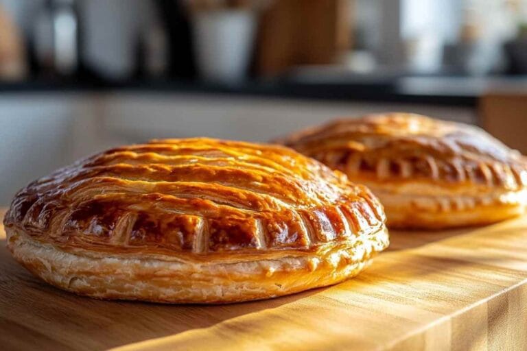 Deux Pithiviers dorés et brillants, posés sur un plan de travail en bois dans une cuisine lumineuse.