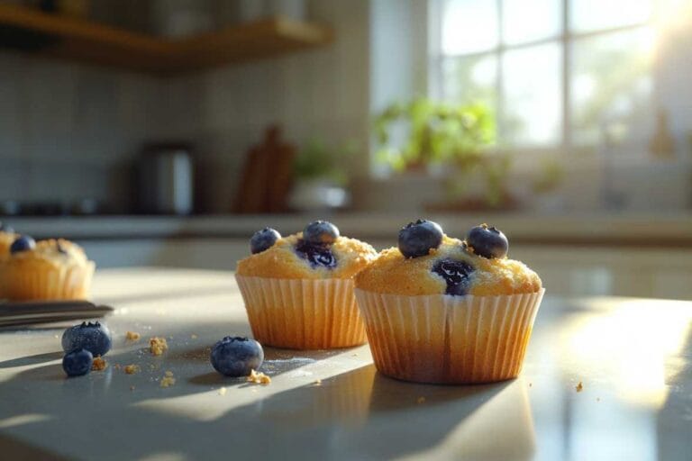 Deux muffins aux bleuets sur une surface de cuisine moderne, avec des bleuets visibles sur le dessus et des miettes de sucre autour.
