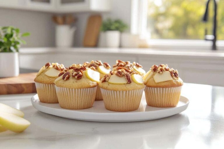 Muffins sans sucre pour diabétique, garnis de tranches de pomme et de noix de pécan, sur une assiette blanche avec une cuisine moderne en arrière-plan.