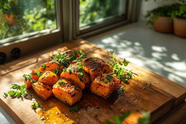 Patate douce rôtie au four, garnie de persil frais, sur une planche en bois avec un éclairage naturel en arrière-plan.