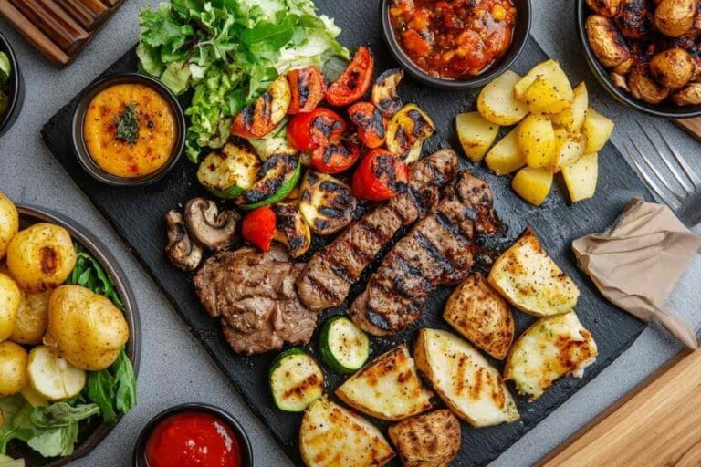 Pierrade avec morceaux de viande grillée, légumes rôtis, pommes de terre, sauces et salade fraîche servie sur une planche de pierre.