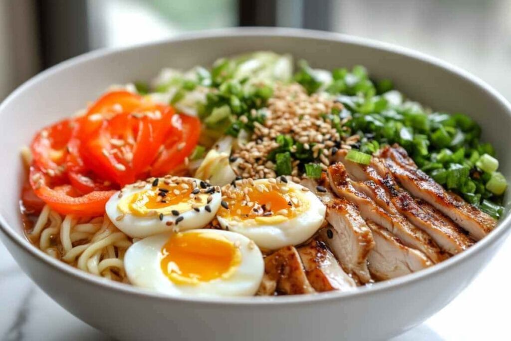 Bol de ramen avec poulet grillé, œufs mollets, tomates fraîches, oignons verts, graines de sésame et nouilles.