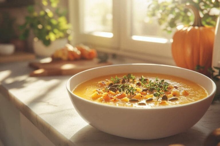 Soupe de citrouille garnie de graines de citrouille, de thym frais et de morceaux de citrouille, servie dans un bol sur un comptoir lumineux avec des plantes et une citrouille en arrière-plan.