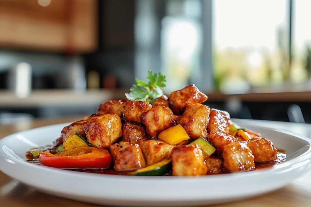 Morces de seitan avec légumes grillés et sauce dans une assiette, garnis de coriandre fraîche.