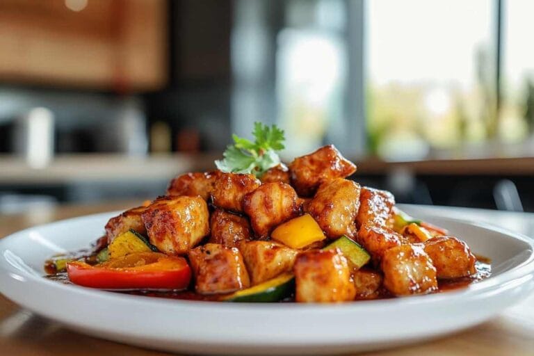Morces de seitan avec légumes grillés et sauce dans une assiette, garnis de coriandre fraîche.