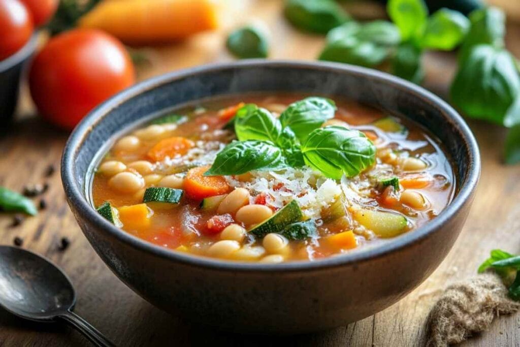 Bol de soupe Minestrone maison, garni de basilic frais, de légumes colorés et de fromage râpé
