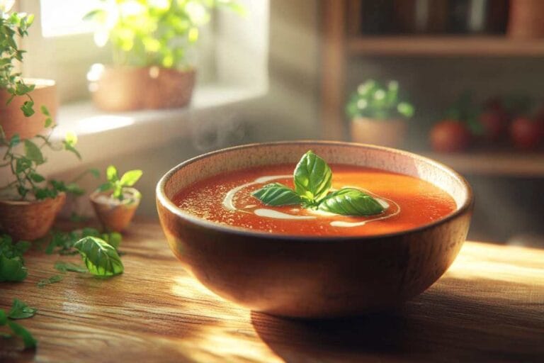 Soupe tomate chaude avec du basilic frais, présentée dans un bol en bois avec une lumière naturelle qui illumine l'arrière-plan, créant une ambiance chaleureuse.