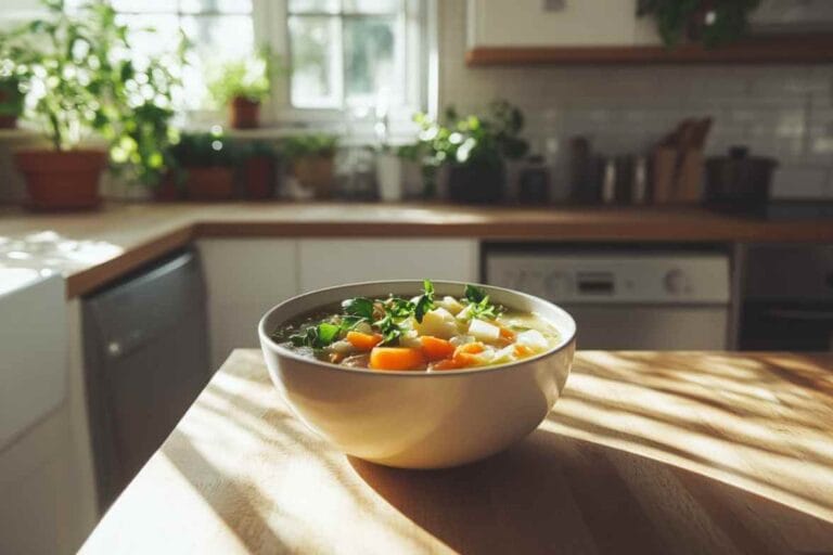 Bol de soupe aux choux avec des légumes frais (carottes, pommes de terre), garni de herbes, posé sur une table en bois dans une cuisine moderne, baignée de lumière naturelle