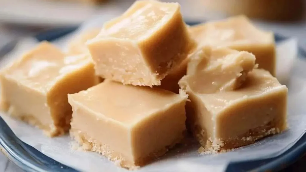 Carrés de sucre à la crème maison, crémeux et fondants, disposés sur une assiette.