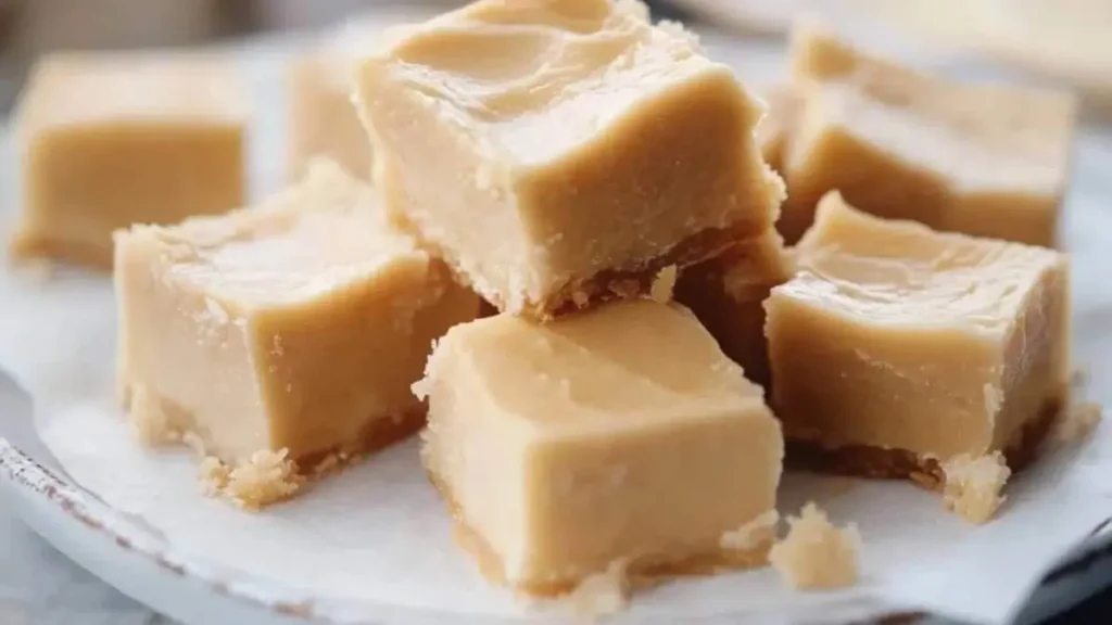 Carrés de sucre à la crème maison, crémeux et fondants, disposés sur une assiette avec un morceau manquant.