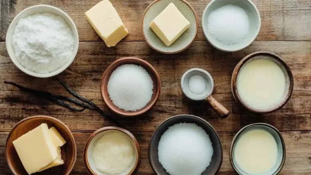 Les ingrédients nécessaires pour la recette de sucre à la crème : sucre, beurre, lait condensé, vanille et sel, disposés dans des bols en terre cuite sur un plan de travail en bois.