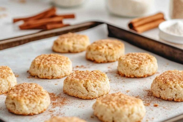 Biscuits sans sucre fraîchement cuits sur une plaque de cuisson, légèrement saupoudrés de cannelle, prêts à être dégustés.