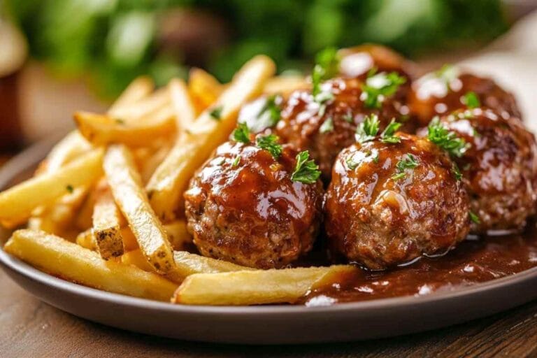Boulette liégeoise servie avec des frites dorées, nappée de sauce brune, garnie de persil frais dans une assiette sur une table en bois.
