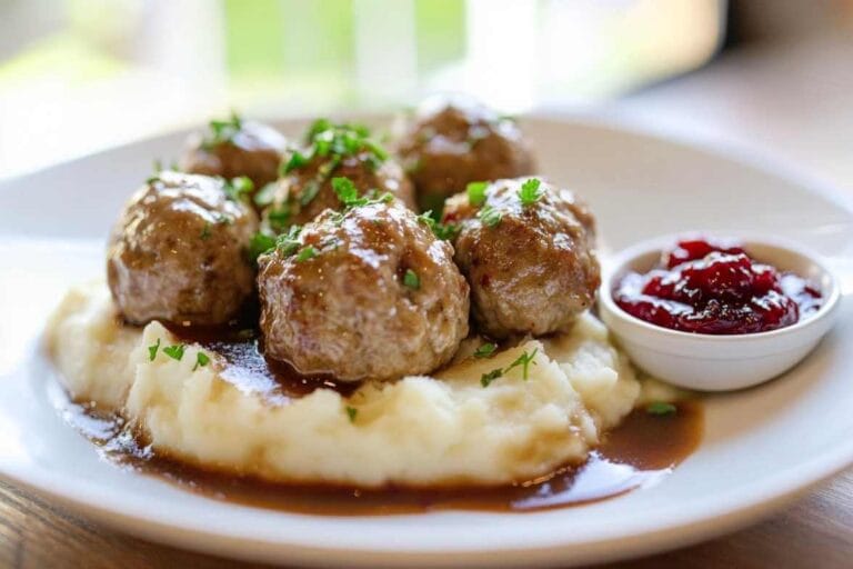 Boulettes suédoises servies sur une purée de pommes de terre avec une sauce brune, garnies de persil et accompagnées de confiture de canneberge.