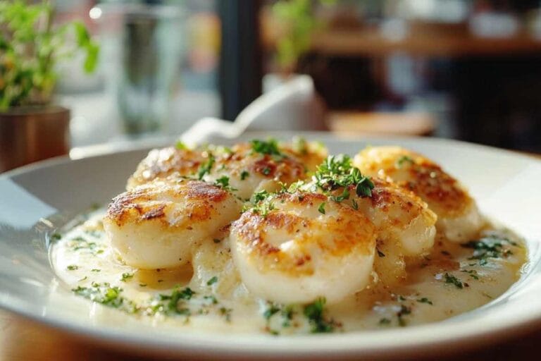 Coquilles Saint-Jacques gratinées, garnies de persil frais, servies dans une sauce crémeuse avec une finition dorée.
