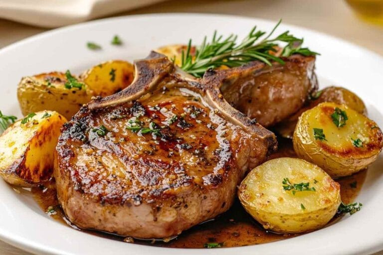 Côtelette de porc juteuse servie avec des pommes de terre rôties, garnie de romarin frais, sur un plat blanc.