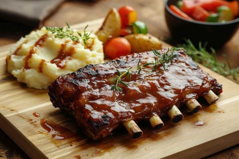 Côtes levées au four avec sauce, accompagnées de purée de pommes de terre et légumes rôtis.