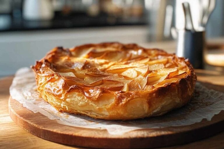 Croustade aux pommes dorée avec des tranches de pommes caramélisées, sur un support en bois, dans une cuisine moderne ensoleillée