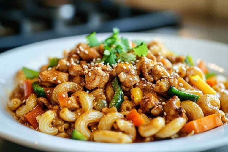 Assiette de macaroni chinois avec du poulet, des légumes croquants et des graines de sésame, dans une sauce asiatique savoureuse.