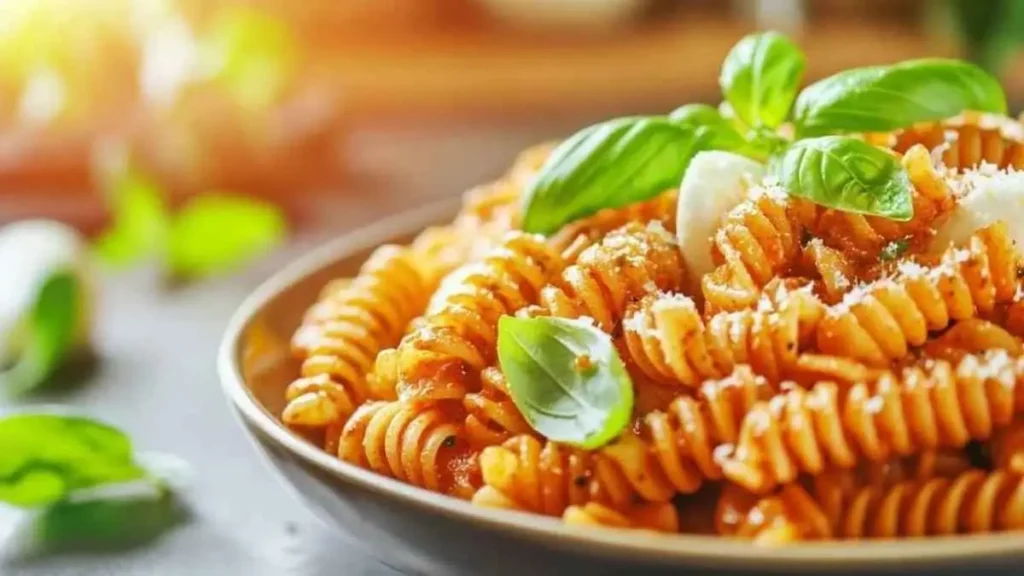Pâtes pesto rosso servies dans un bol, avec du basilic frais, du fromage râpé et une texture lisse et appétissante.