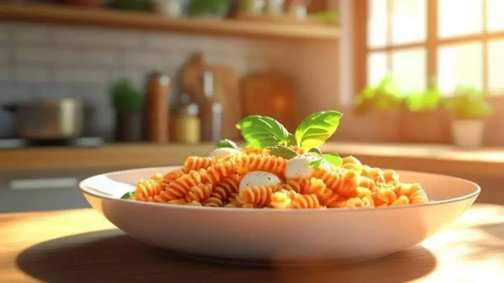 Pâtes pesto rosso servies dans un bol blanc avec des feuilles de basilic frais, dans une cuisine lumineuse ensoleillée.
