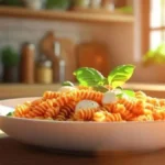 Pâtes pesto rosso servies dans un bol blanc avec des feuilles de basilic frais, dans une cuisine lumineuse ensoleillée.