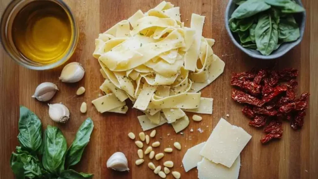 Ingrédients pour préparer des pâtes pesto rosso, y compris des tomates séchées, du basilic frais, de l'ail, des pignons de pin, des pâtes et du parmesan sur une surface en bois.