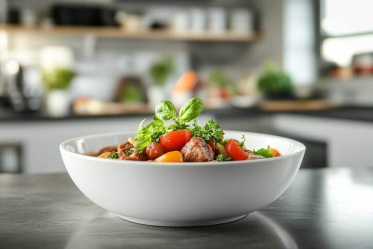 Ragoût de bœuf servi dans un bol blanc, avec des légumes frais comme des tomates et du persil, dans une cuisine moderne.