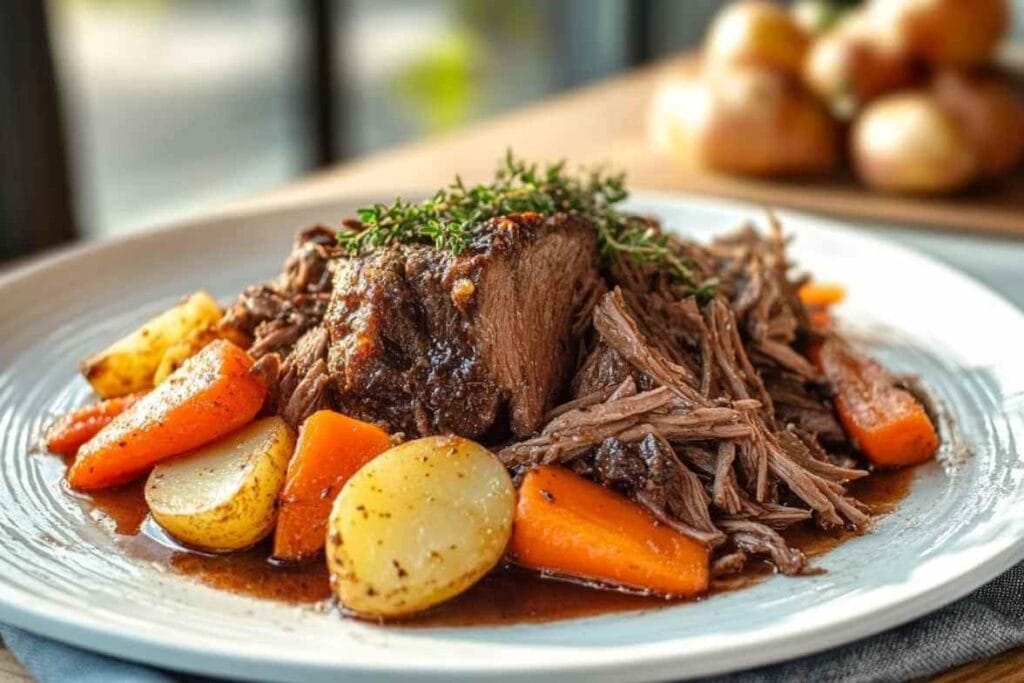 Rôti de palette tendre et juteux accompagné de légumes rôtis, carottes et pommes de terre, avec une garniture de thym frais sur un plat.