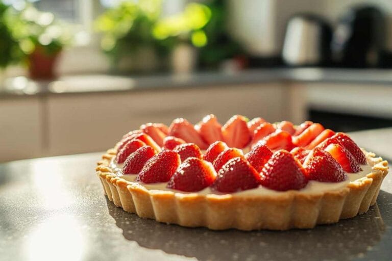 Tarte aux fraises avec crème pâtissière dans une cuisine moderne et lumineuse, éclairée par la lumière naturelle.