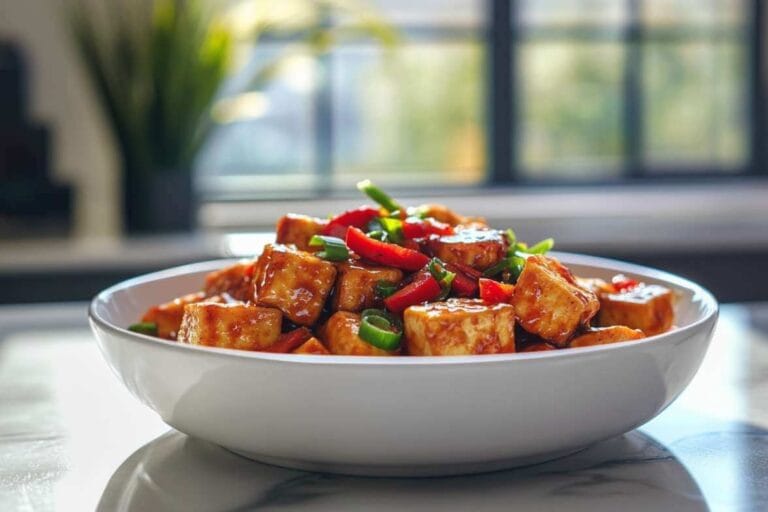 Plat de tofu Général Tao avec une sauce épicée, des cubes de tofu croustillants, garnis de poivrons rouges et d'oignons verts, servi dans un bol blanc avec un arrière-plan lumineux.