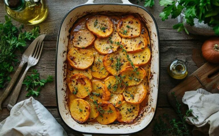 Gratin de courge butternut tranchée, dorée et assaisonnée de thym et d'huile d'olive, servie dans un plat de cuisson en céramique, avec des herbes fraîches et des ustensiles en arrière-plan.