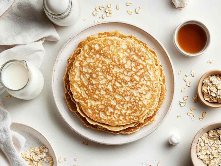 Pile de crêpes au gruau d'avoine dans une assiette avec du lait, du sirop d'érable et des flocons d'avoine sur une table propre.