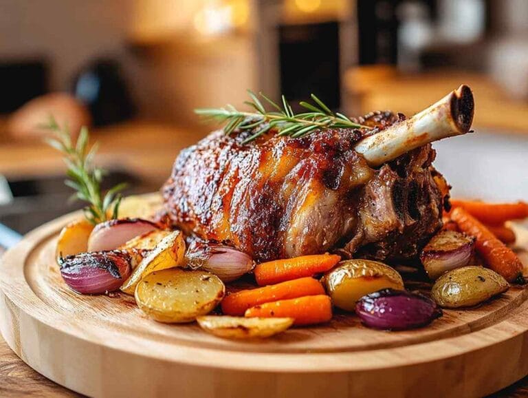 Jarret de porc rôti avec légumes rôtis (carottes, oignons, pommes de terre) et branches de romarin, présenté sur une planche en bois."