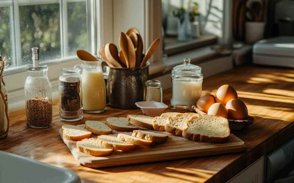 Tranches de pain, œufs, lait et épices disposés sur un plan de travail en bois dans une cuisine ensoleillée.