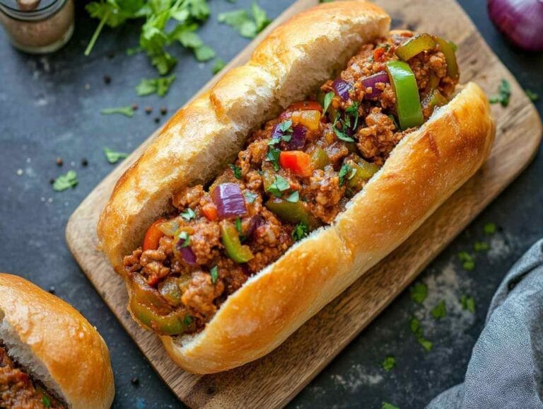 Petit pain farci avec une garniture de viande hachée, légumes colorés et herbes fraîches, servi dans une baguette moelleuse.